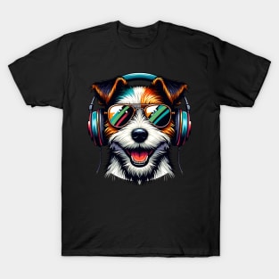 Parson Russell Terrier as Smiling DJ with Headphones and Sunglasses T-Shirt